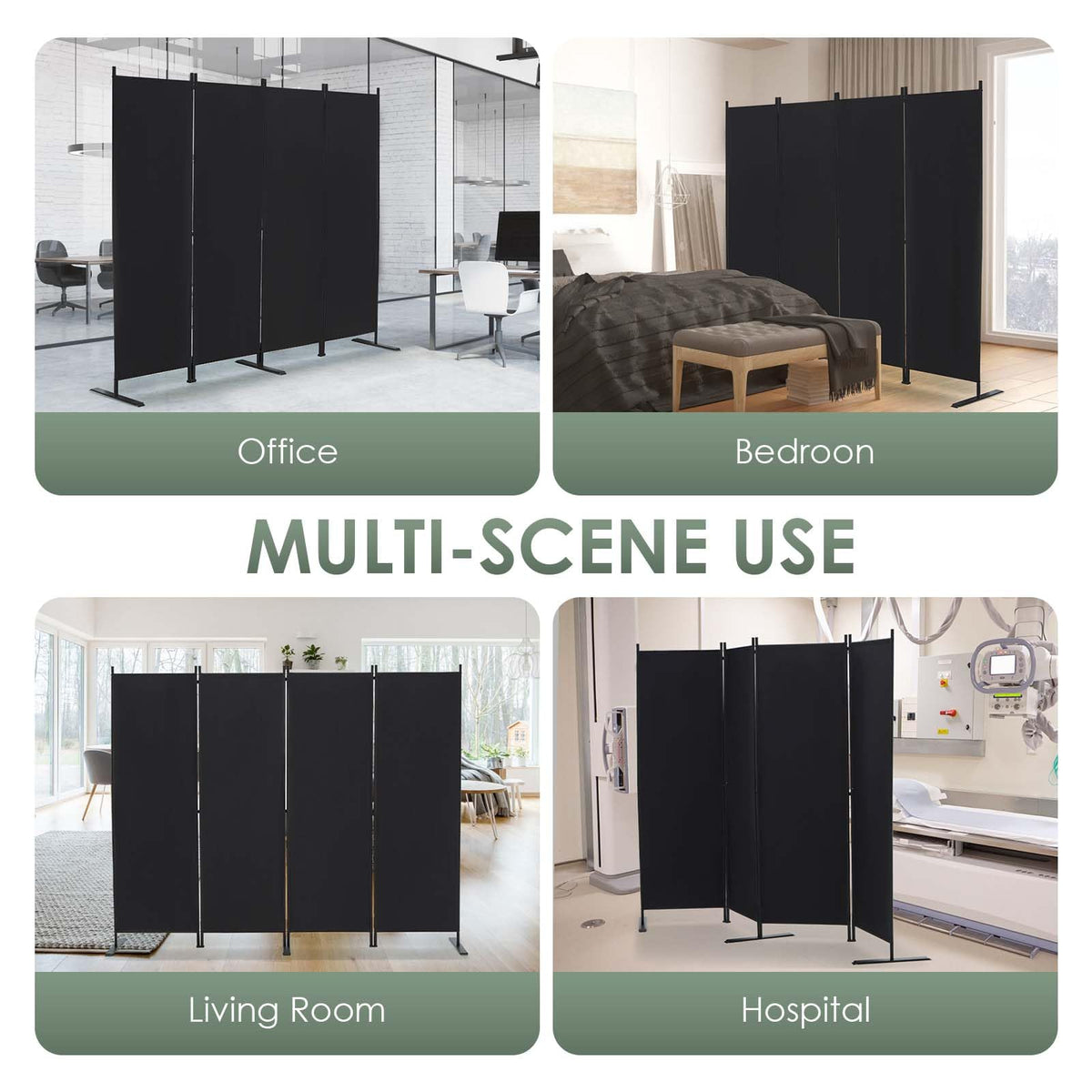 RANTILA 4 Panel Room Divider, 6 FT Folding Privacy Screen with Wide Feet, Freestanding Partition for Room Separation, Portable Room Divider Panel, 89" W x 71" H, Black