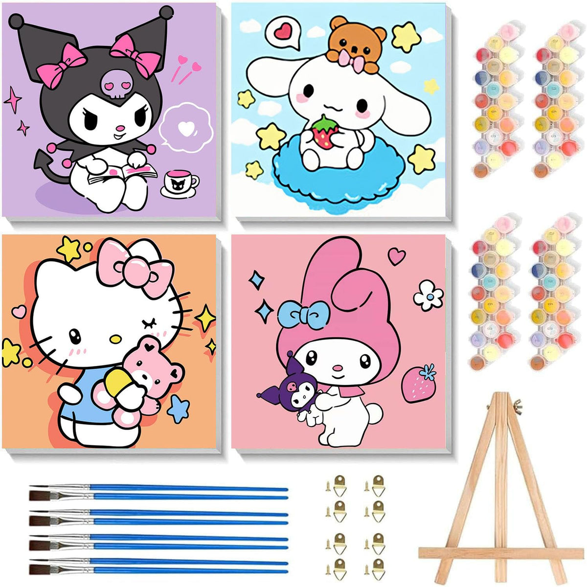 Sretoul 4 Pack Cartoon Paint by Numbers Kit for Kids with Frame - Wooden Easel, Cute Kids Paint by Numbers Ages 4 8 12, DIY Acrylic Oil Painting for Home Wall Decor (8x8 inch)