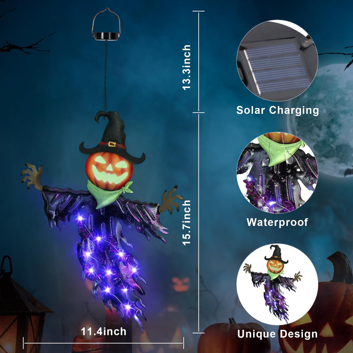 ILLUMINEW Solar Halloween Metal Hanging Decorations Outdoor, Solar Powered Lighted Metal Pumpkin with Glowing Eyes for Halloween Outdoor Tree, Wall, Porch, Patio Decor (Pumpkin-Purple)