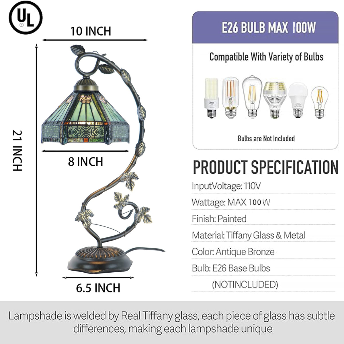 LXHCYOU Tiffany Table Lamp, Stained Glass Desk Light, 8X10X21 Inches, Metal Leaf Base (Sapphire Style)