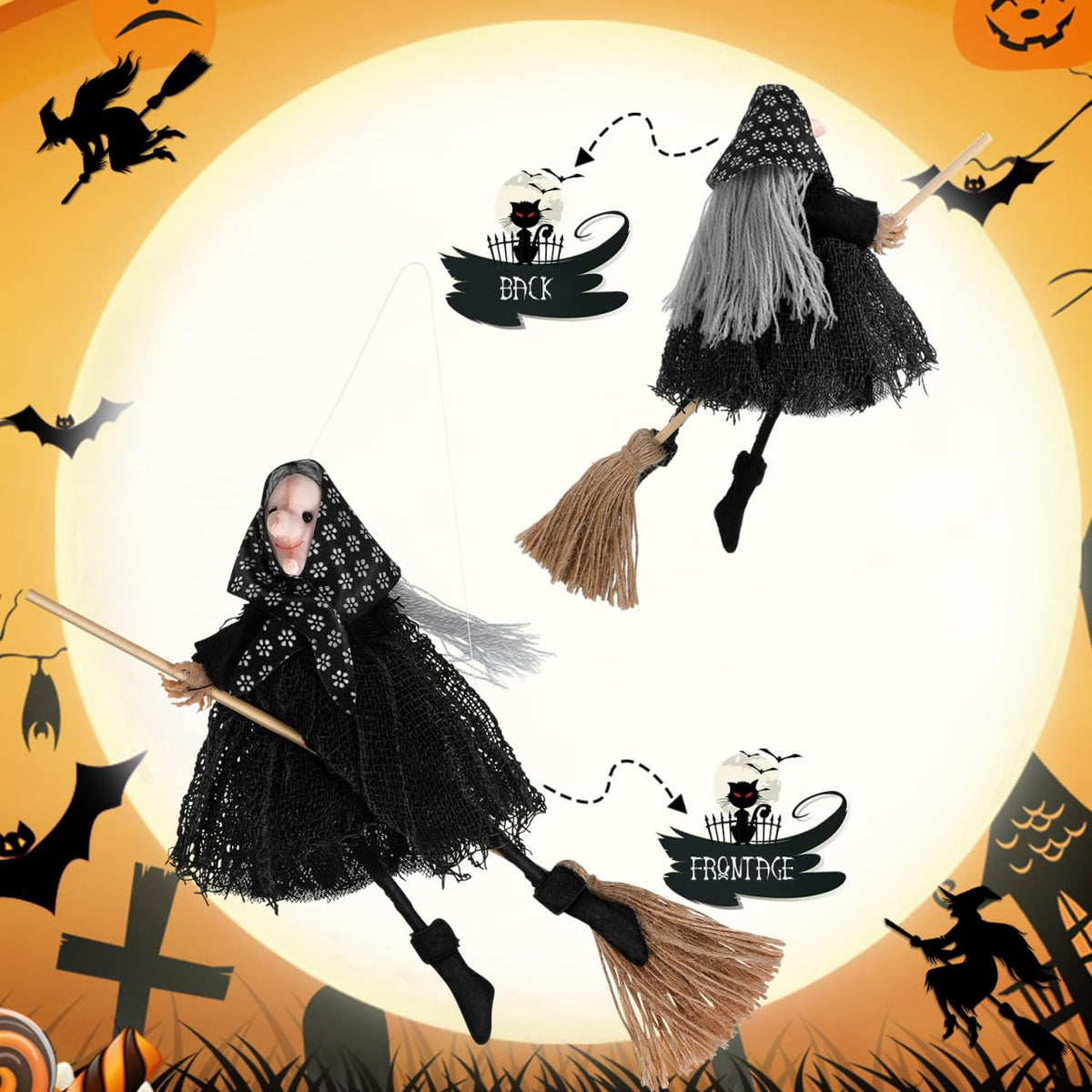 DIYEAH Halloween Witch Doll Decor with Broomstick for Indoor Outdoor Party Decoration, 9.44 Inch Grey Hanging Witch Figurine with Red Accents