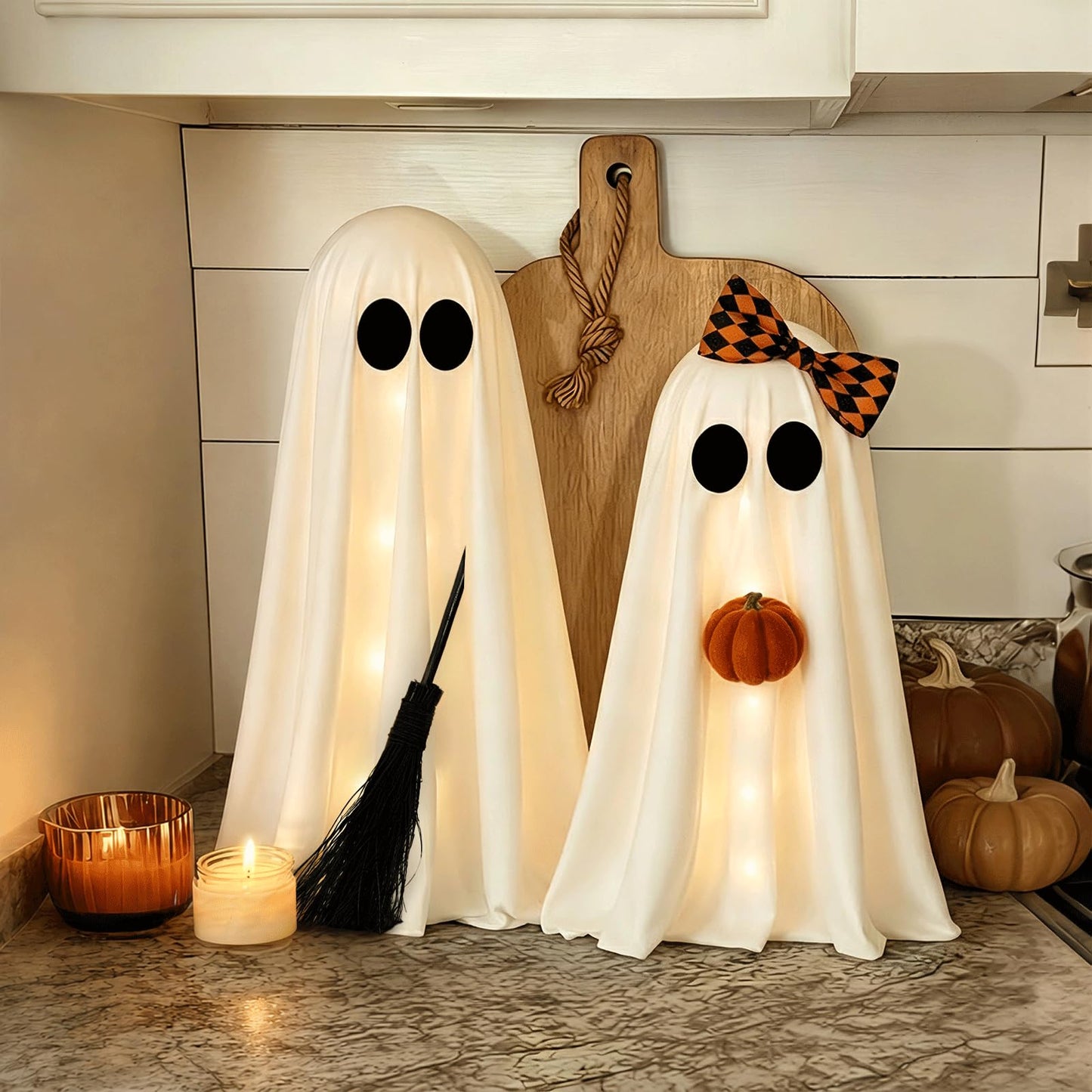 Halloween Decorations, 2 Pack Lighted Spooky Ghost with Pumpkin and Buffalo Plaid Bow, Cute Standing Ghost Decor for Halloween Decorations Indoor Home Office Table Mantel Shelf Party Supply
