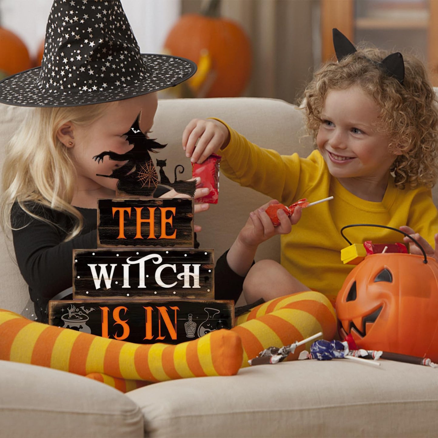 Halloween Decor Indoor - Rustic Wooden Witch Signs Home Decorations for Farmhouse Kitchen, Shelf, Living Room, Tabletop Decorations, Suitable for Fall Party Table Centerpiece