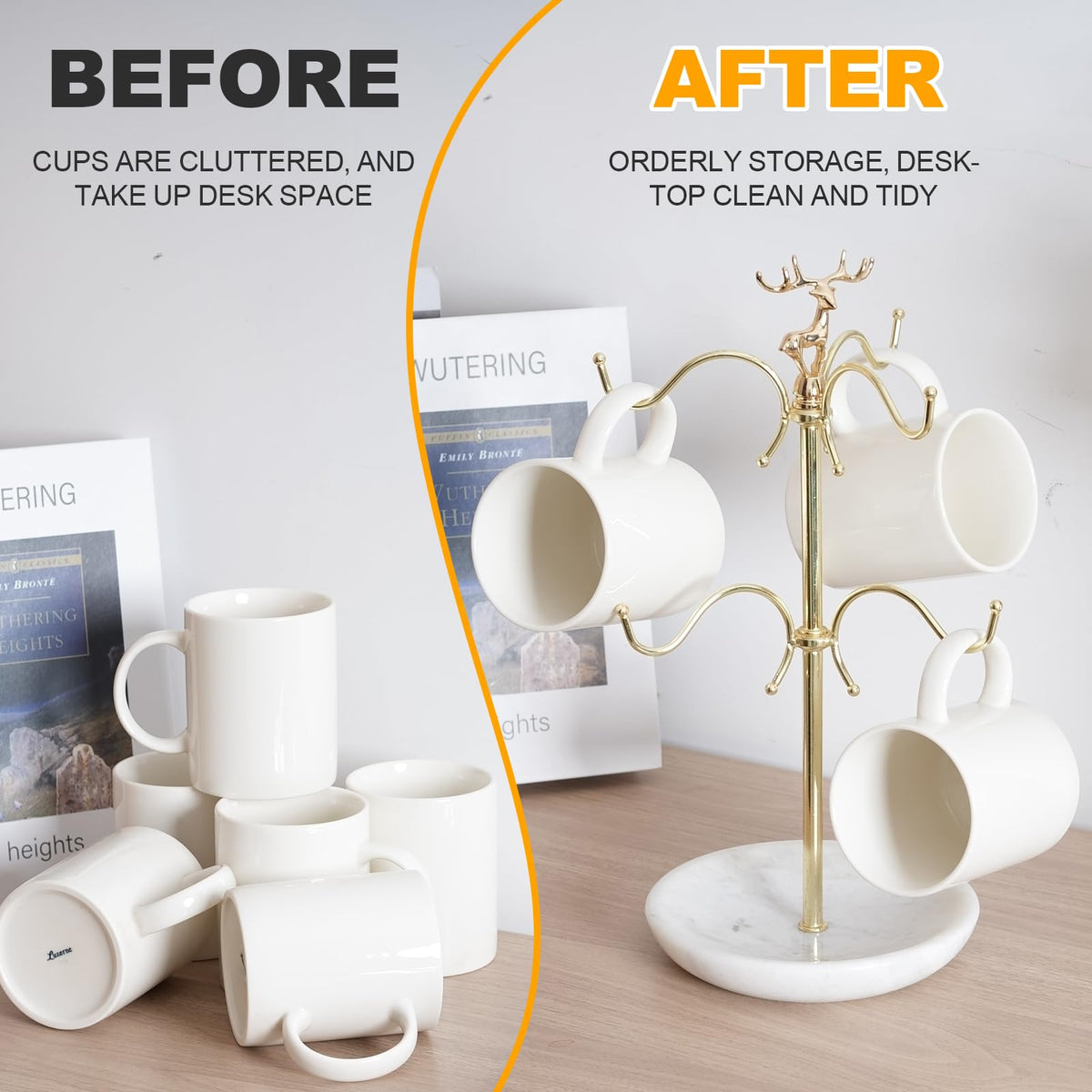 BCS Mug Holder with Marble Base - 6 Hooks Mug Rack Coffee Cup Storage Tree Jewelry Display Stand Holder for Countertop