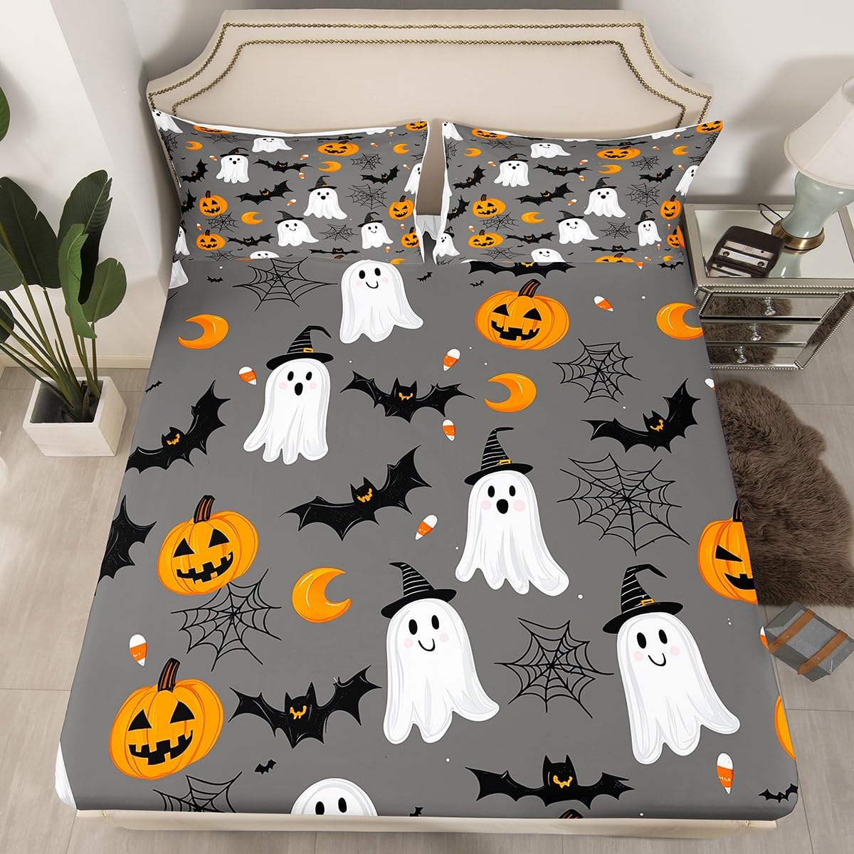 Feelyou Happy Halloween Bed Sheets Set Queen Size Cute Ghost Bedding for Kids Teens Pumpkin Lantern Bat Spider Cobweb Spooky Sheet with 16 Inch Deep Pockets Room Decor with 2 Pillow Case Soft 4Pcs