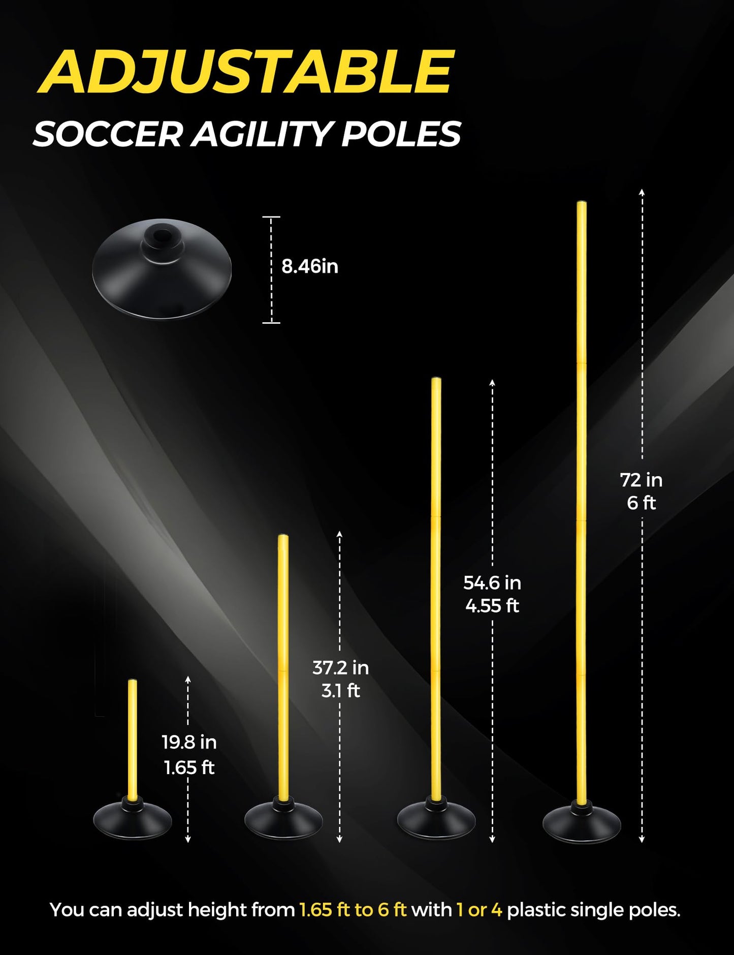 SEAOTTER 6ft Soccer Agility Poles Set, 10 Pcs Detachable Sports Trainning Speed Poles Slalom Poles with Rubber Base, Sport Agility Training Equipment for Football, Rugby, Basketball, Indoor & Outdoor