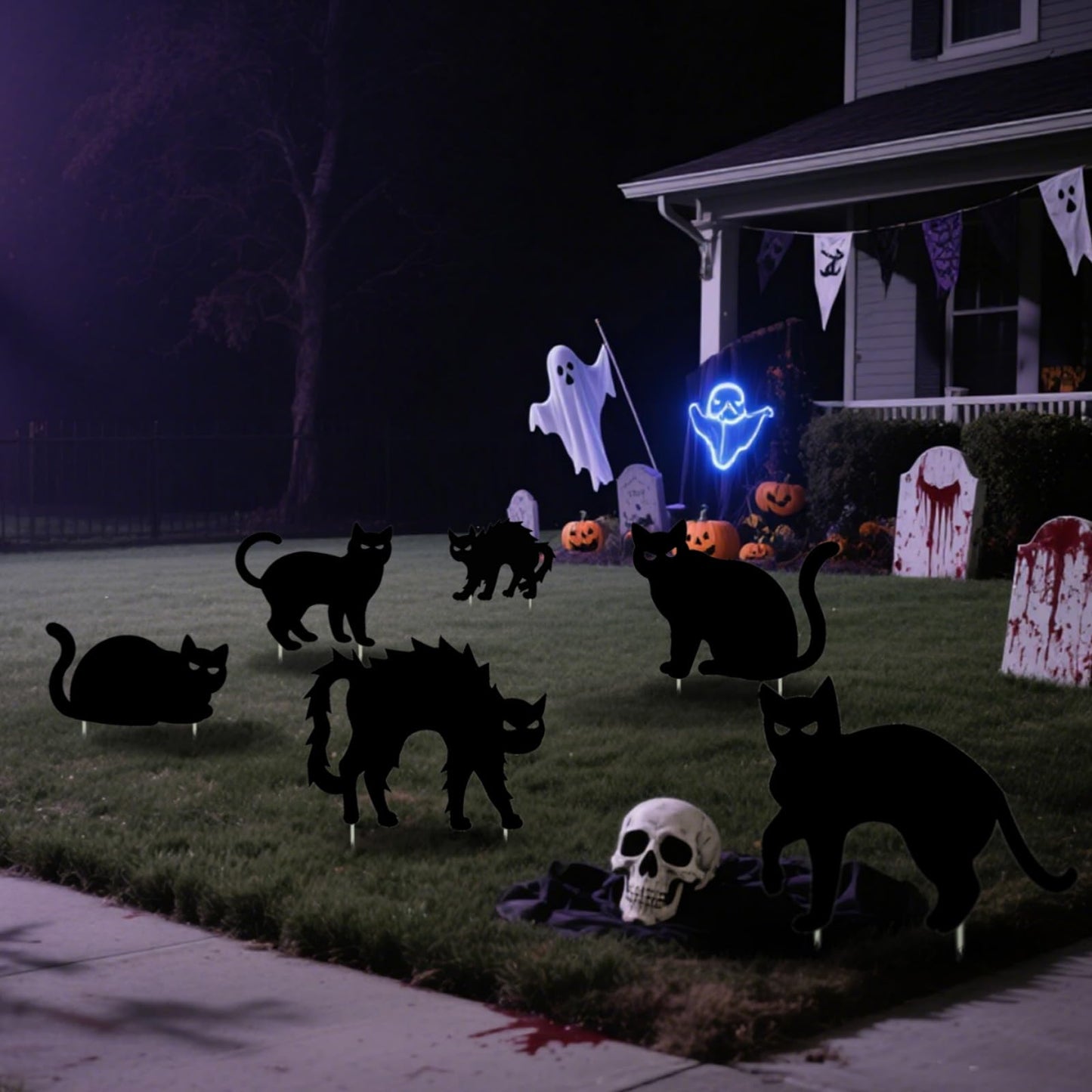 Zoonlinpp 6 Pcs Halloween Black Cat Yard Signs with Stakes, Scary Silhouette Decor Cats Openwork Eyes Halloween Decorations for Outdoor Lawn Garden Graveyard Party Supplies