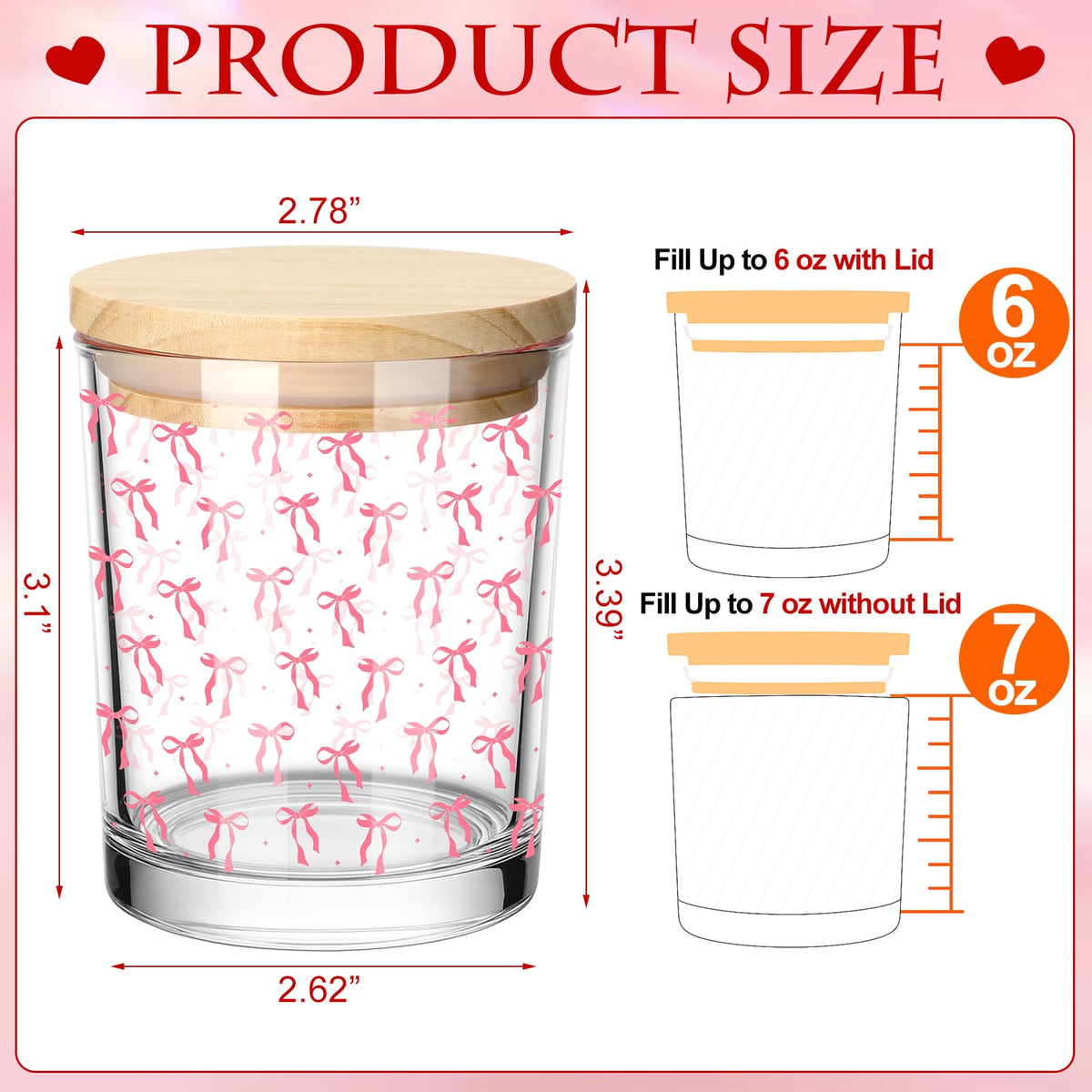 Ziliny 10 Pcs Pink Bow Glass Candle Jars Empty Containers Bulk 7 oz Glass Jars with Cork Lids Tins for Xmas Holiday Candle Making Storing Biscuits Tea Party Favors