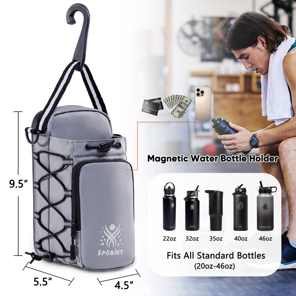 SPORJET Magnetic Gym Bag for Water Bottle – Fits Up to 46oz, Sling Water Bottle Holder with Strap & Phone Pocket, Magnetic Workout Bag for Gym, Fitness, Outdoor, Men & Women