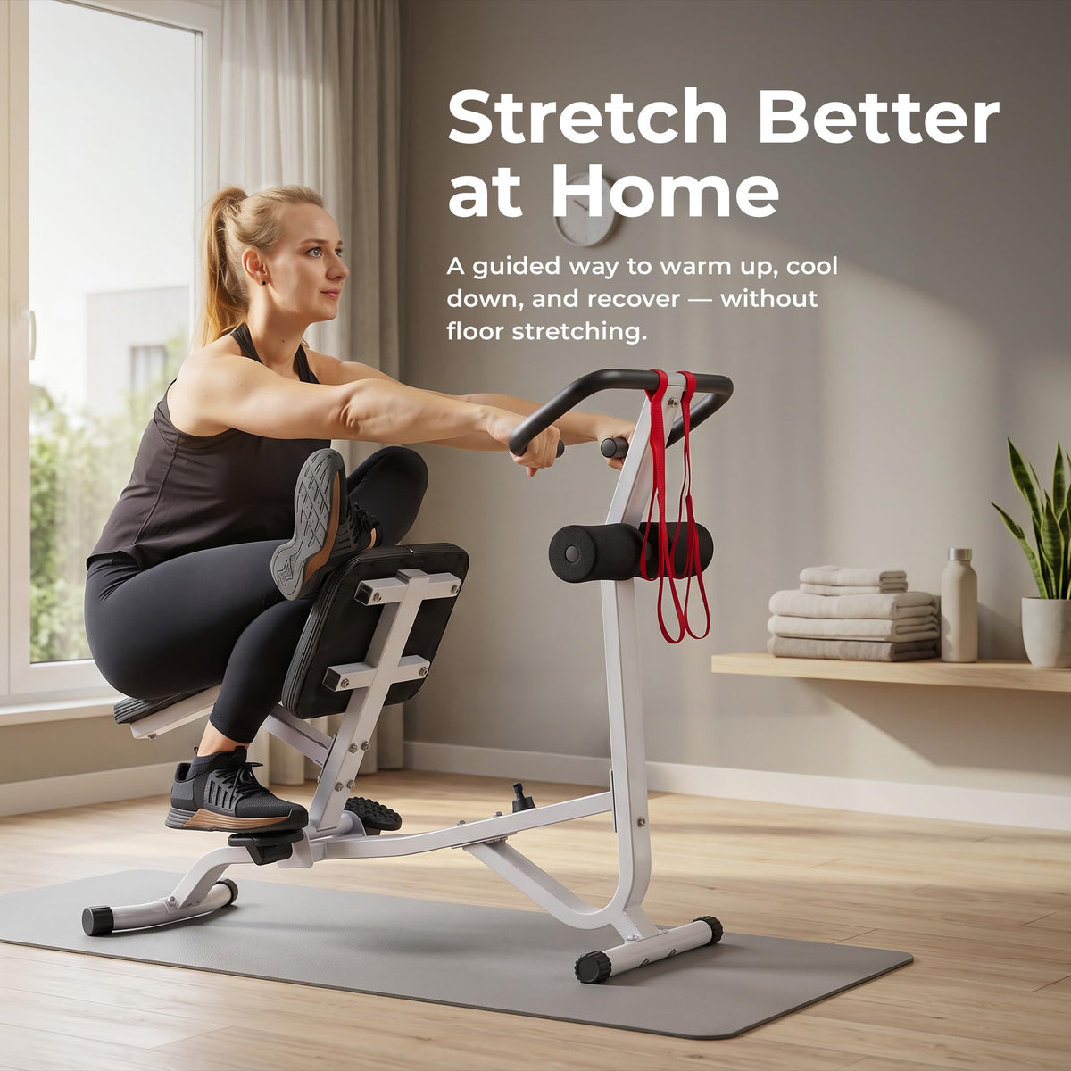 Sunny Health & Fitness Full Body Stretch Machine for Home, Back Stretcher & Flexibility Trainer with Pivoting Seat, Foam Rollers, Safety Straps & SunnyFit App - SF-BH621802