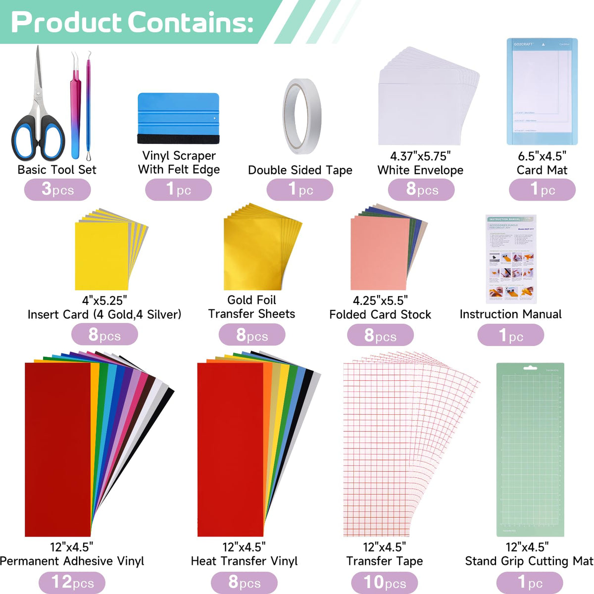 GO2CRAFT Accessories Bundle, 70Pcs Ultimate Accessories and Supplies with Adhesive Vinyl Sheets, Folded Card Stock, Card Mat, Weeding Tools, Crafting Starter Kit