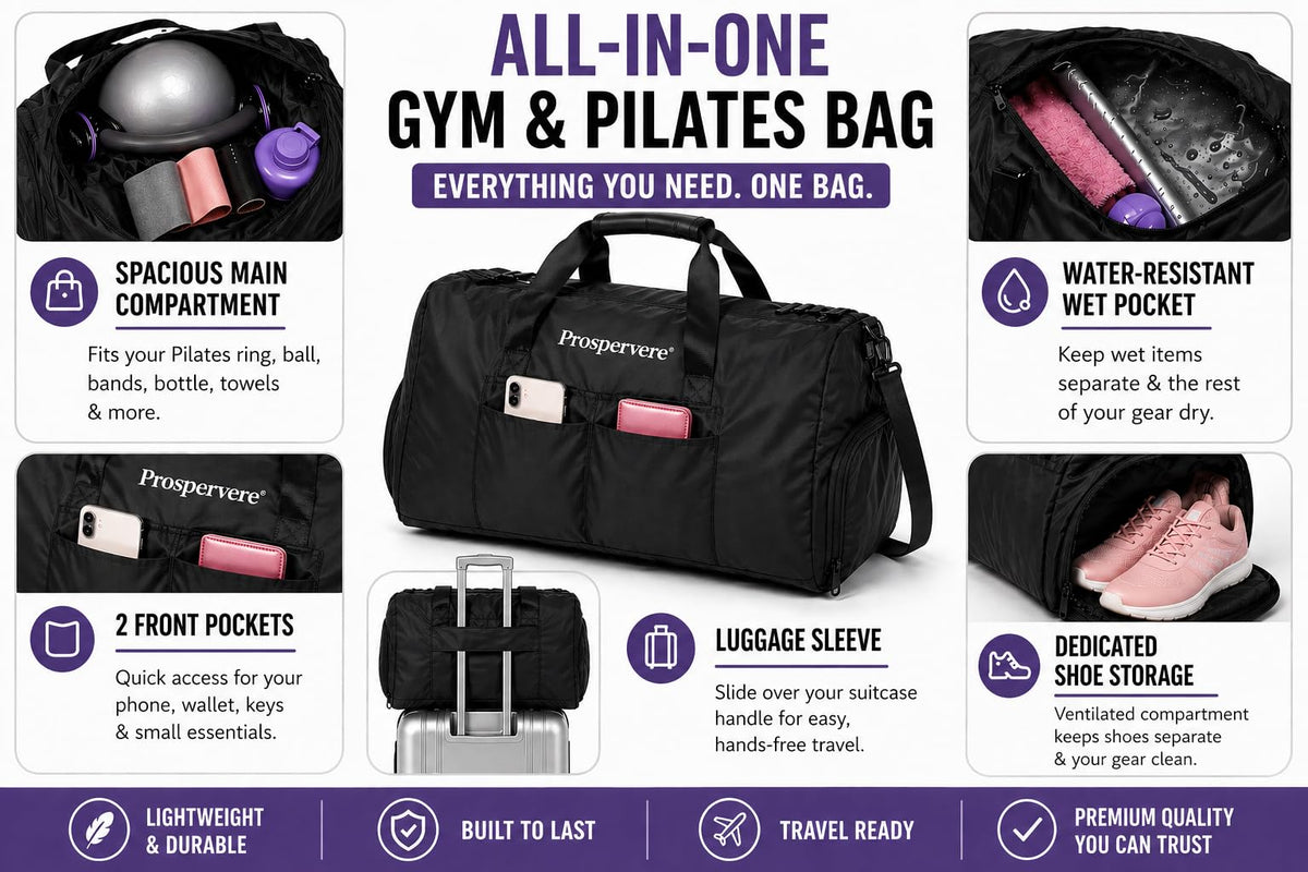 Prospervere Premium Pro Pilates Kit – 15 inch Pilates Ring and Ball Set w/ 1lb Ankle Weights, Fabric Resistance Bands, Sliders, Yoga Socks & Gym Bag – Midnight Power (Black)