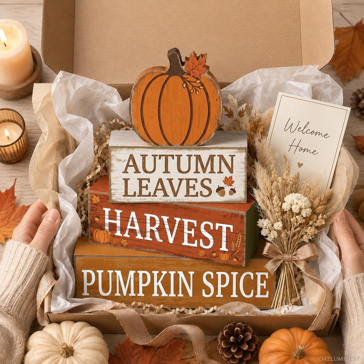 4 Pcs Fall Table Decor, Farmhouse Stacked Wooden Block Signs with Pumpkin Accents, Rustic Thanksgiving Tiered Tray Decorations, Autumn Harvest Tabletop Centerpiece for Home Kitchen Party
