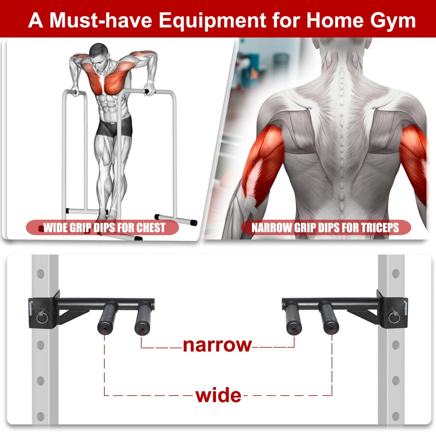 SYL Fitness Dip Bar Attachments for 2" x 2" or 3" x 3" Power Rack - Narrow & Wide Dips Double Handles (Patent Pending) (For 2" x 2" Rack)