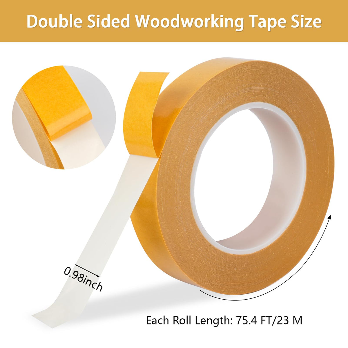 Opvixi Double Sided Woodworking Tape 1 Inch x 75 Feet (2-Pack), Residue-Free, Removable Strong Double Sided Tape for Woodworking, Double Sided Masking Tape for Wood Template, Edge Banding, Anchoring