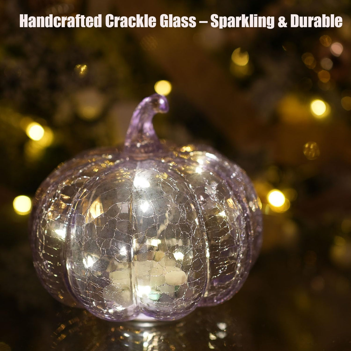 hvfun Handcrafted Lavender Crackle Glass Pumpkin Light, LED Battery Operated Table Décor with 6H Timer, Twinkle & Steady Modes, Elegant Fall & Holiday Decoration