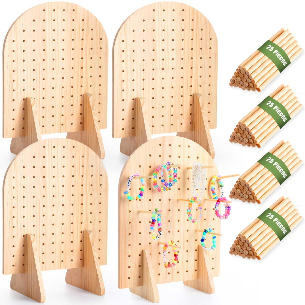Colingmill 4 Sets Keychain Display Stand Wooden Pegboard Display Stand with 25 Pcs Dowel Rods Oval Bracelet Organizer Holder for Jewelry, Craft Shows, Necklace, Selling, 15.75" x 11.81" (Wood)