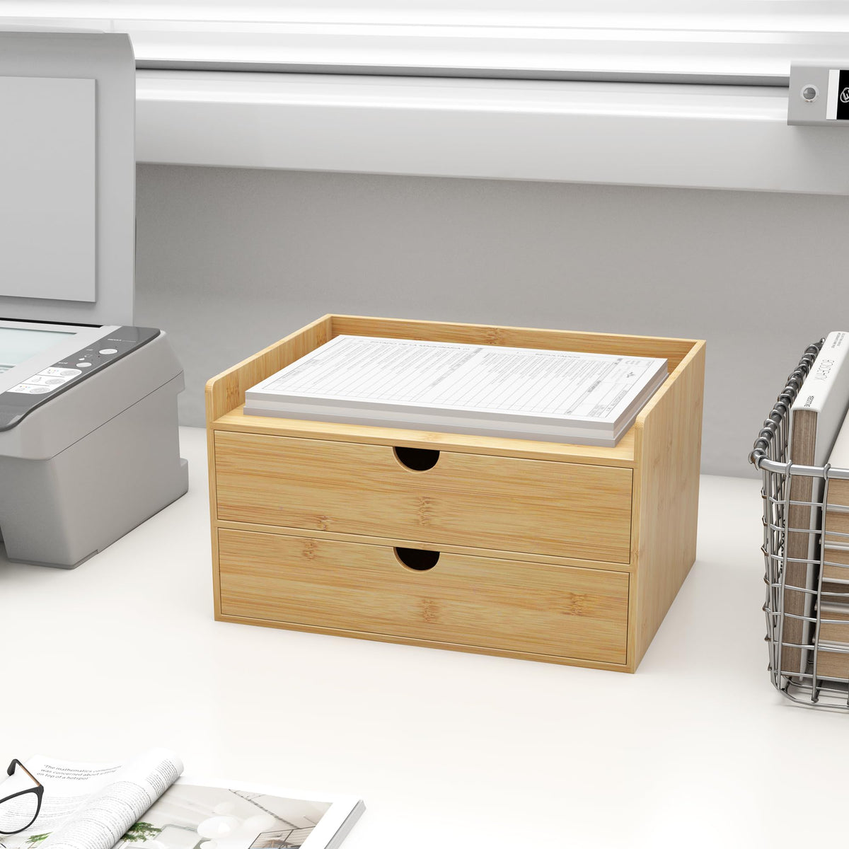 Bamboo Desk Drawer Organizer, Large Desktop Organizer with Drawers Tabletop Storage Organization Box for Office Home Toiletries Supplies Vanity, No Assembly Required (2 Drawer with Shelf)