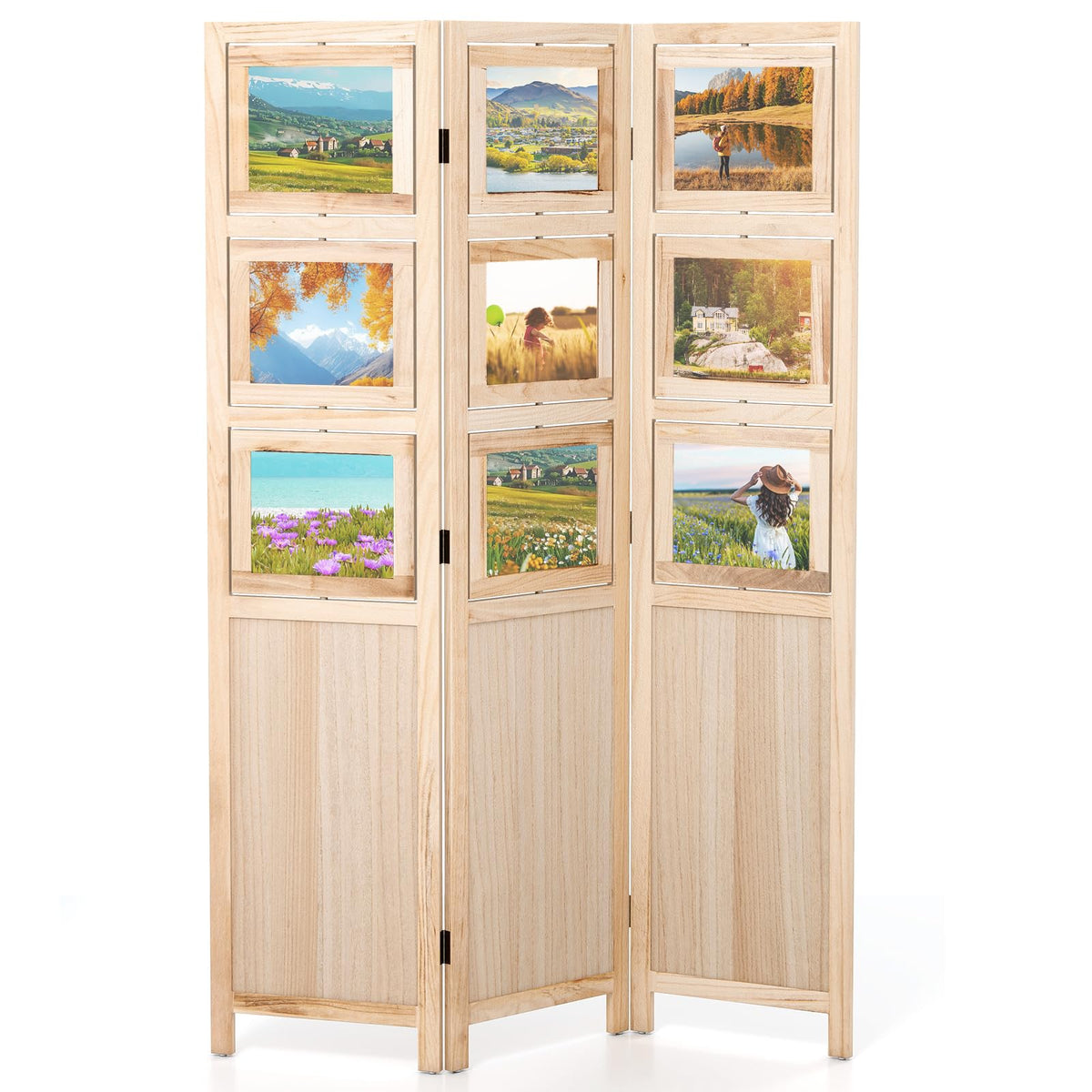 Giantex 3 Panel Room Divider with 9 Rotating Picture Frames, 67'' Folding Privacy Screen for Photo Display, Freestanding Wood Wall Partition for Room Separation, Bedroom, Office, Natural