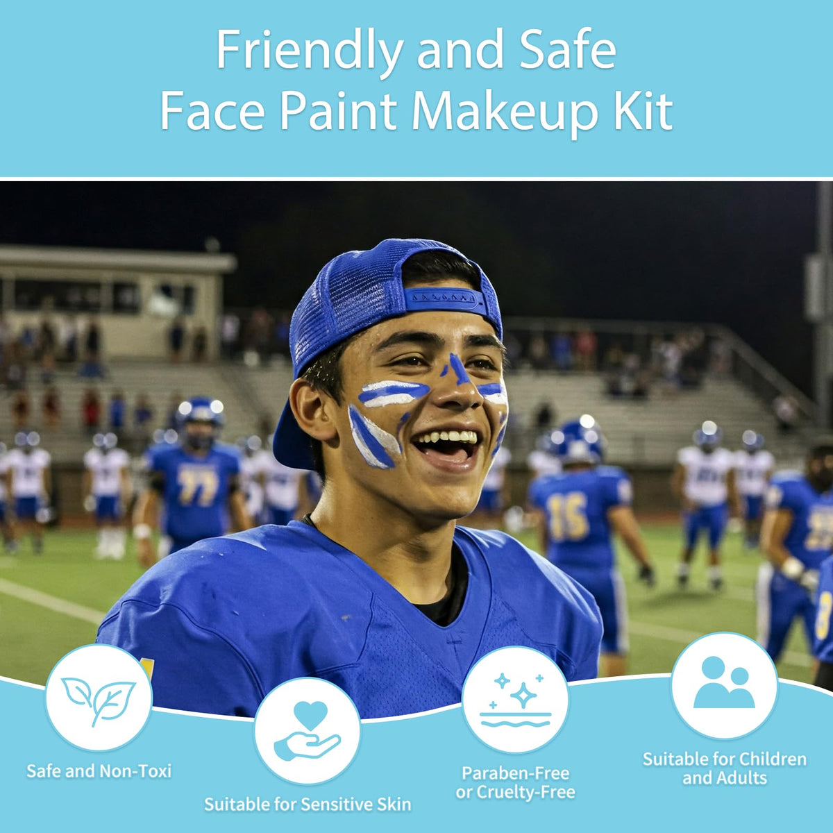Pintada 44 Color Face Painting Kit for Party - Non Toxic Water Activated Face Paint Palette with Stencils, Brushes, Gems & Glitter. Halloween, Carnival; Costume Makeup for Creative Activities