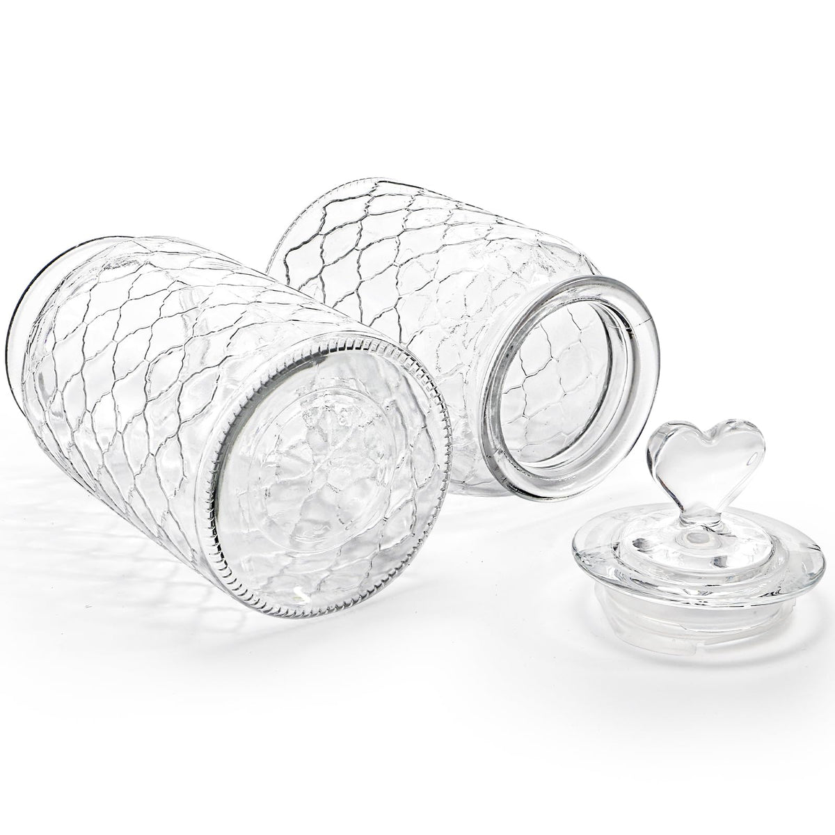 Hiceeden Set of 3 Cute Glass Jars with Airtight Lids, Candy & Cookie Food Storage Containers with Heart-shaped Handle, Glass Canister with Grid Texture for Coffee Beans, Flour, Sugar, 22/32/45oz