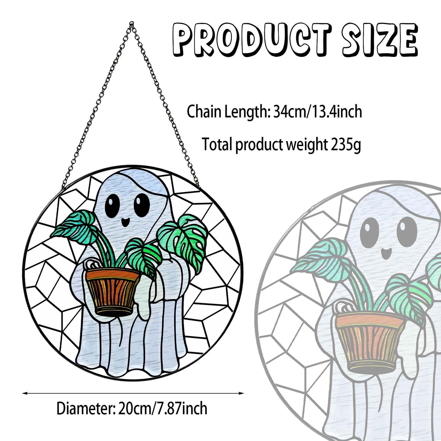 RVEAFA Cute Ghost Plant Stained Glass Sun Catcher Window Hanging Plant Lovers Gifts for Women Wall Decor Handmade SunCatcher Decoration for Garden Home Decor, 7.87inch