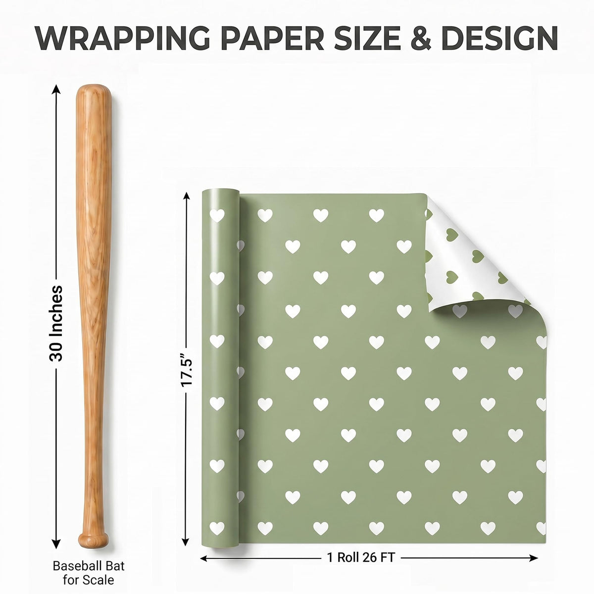 WRAPLULU Reversible Hearts Wrapping Paper Roll - 17.5" * 26 Ft. - Sage Green Gift Wrap, Perfect for Wedding, Bridal Shower, Valentines Day, Anniversary, Birthday, Baby Shower, Mother's Day