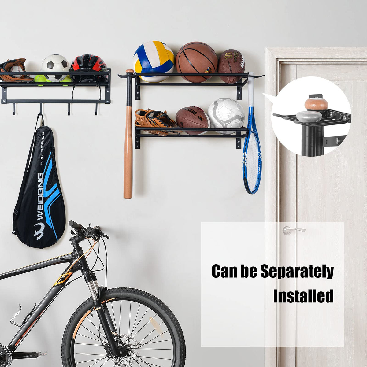 XCSOURCE Sports Equipment Organizer, 3-Tier Ball Storage Rack with Bat & Racket Holders, Wall Mounted Garage Sports Gear Storage Shelf with 4 Hooks for Balls, Helmets & Accessories (Glossy Black)