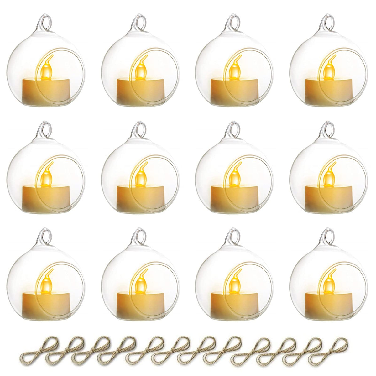 NUPTIO Hanging Glass Globe with Candles: Set of 12 Tealight Candle Holders with LED Tea Lights - 2.36 inch Bulk Clear Votive Candleholders for Party Wedding Birthday Shower Celebration Tree Decoration