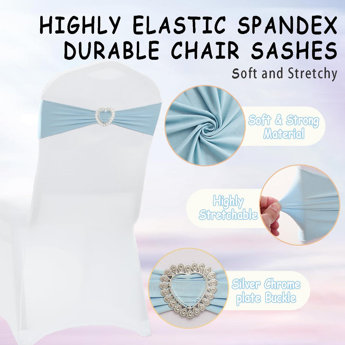 Fbewom Spandex Sky Blue Chair Sashes Bows 50 Pack Stretch Chair Cover Bands with Buckle Slider Elastic Chair Ties for Wedding Banquet Party Event Decoration