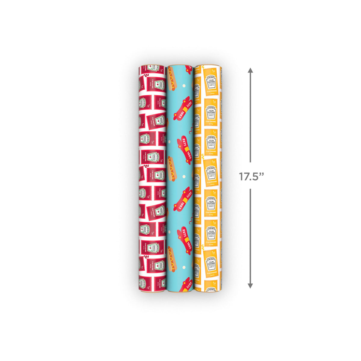 Hallmark Heinz Wrapping Paper Mini Rolls, 3-Pack (Ketchup, Mustard, Hotdogs, Wienermobile) for Birthdays, Graduations, Father's Day, Celebrations, Any Occasion - 45 Sq. Ft. Total