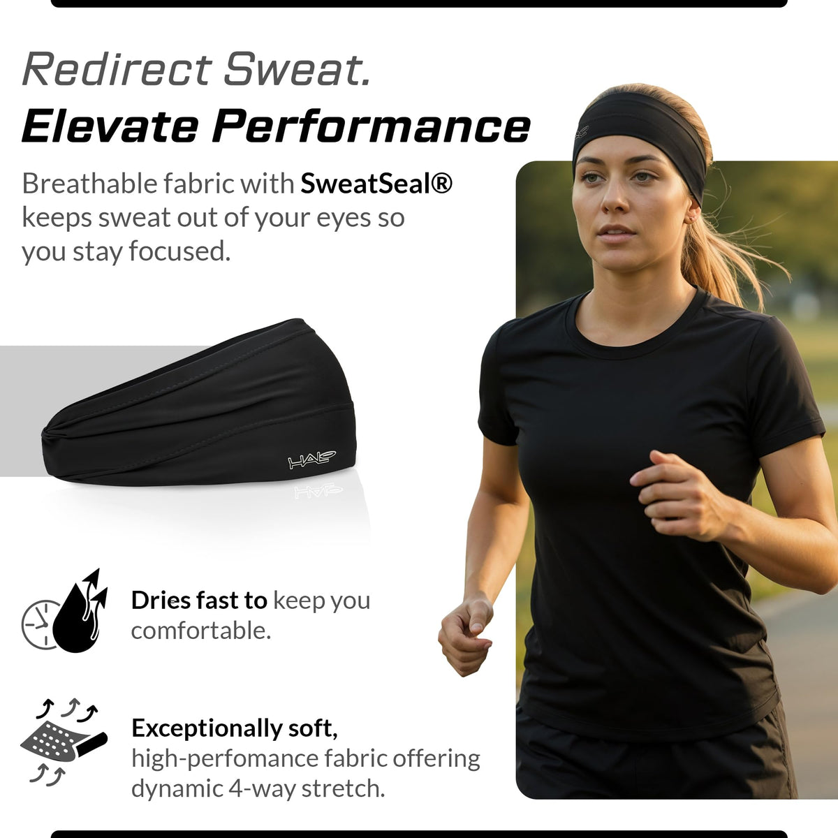 Halo Headband Bandit - Wide Pullover Sweatband for Both Men and Women, Black