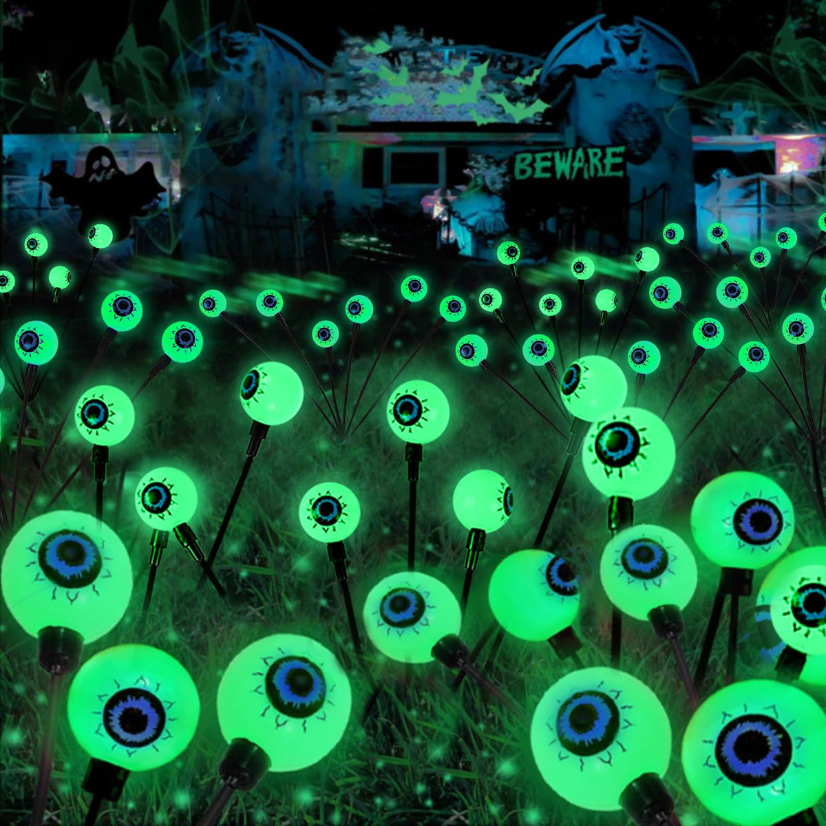 YIQU 4 Pack Solar Halloween Lights Outdoor, Solar Eyeball Lights, 24 LED Green Eyeball Swaying Light with 2 Lighting Modes, Waterproof Outdoor Halloween Decorations for Walkway Yard Lawn Horror Party