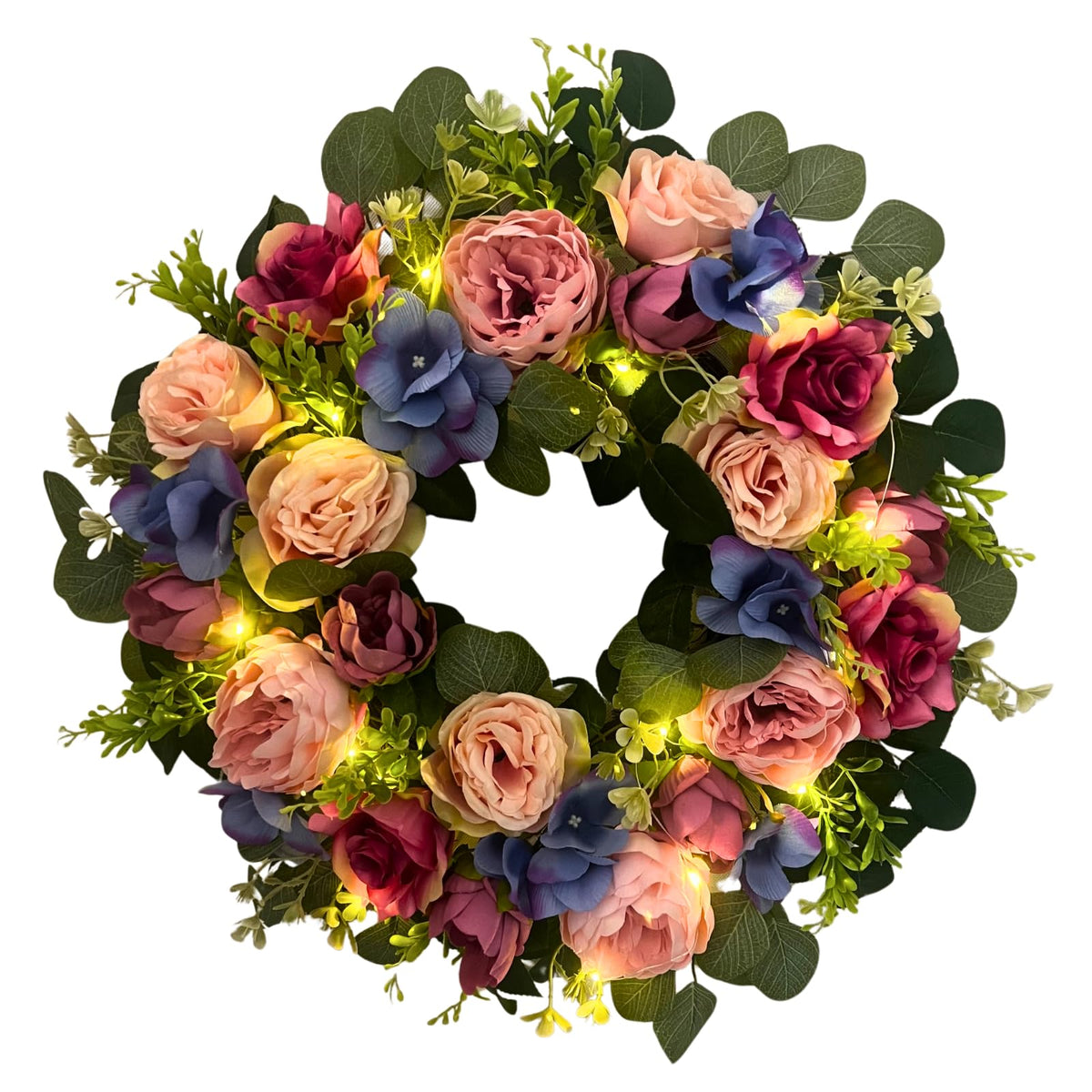 Svndlyn 22 Inch Lighted Floral Wreath with Timer for Front Door Decor