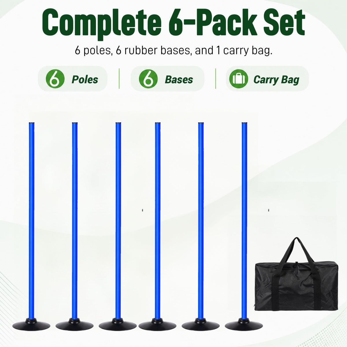 6 Pack Soccer Agility Training Poles, 5 FT Adjustable Speed and Agility Training Equipment for Football/Basketball/ Dog Practice, Bending Poles for Horses with Rubber Bases and Carry Bag (Blue)