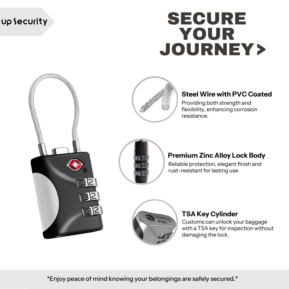 UP Security TSA Approved Luggage Locks - Small Combo Travel Padlock with Cable, TSA 007 Suitcase & Backpack Security, Durable & Easy to Use (Black+Black)