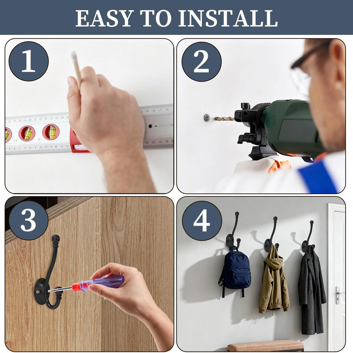 CBWLWJ 6 Pack Heavy Duty Wall Hooks for Hanging, Metal Coat Hooks Wall Mount, Easy to Install, Ideal for Living Room, Bathroom, Kitchen, Bedroom (Black)