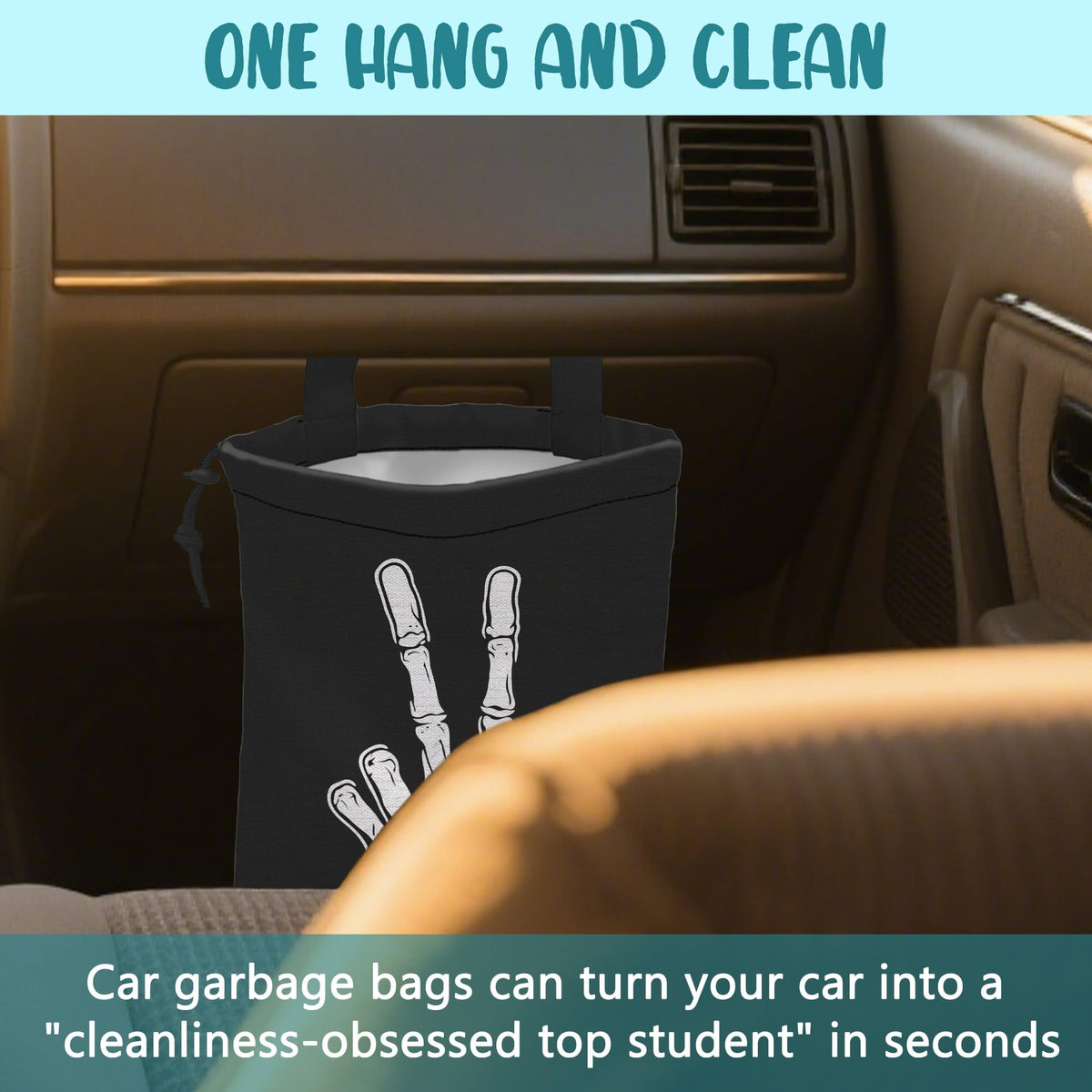 KXWQTRDD Car Garbage Bag Skeleton Hand Peace Sign Drawstring Car Trash Bag Hanging for Back Seat with Adjustable Buckle Canvas Vehicle Trash Can Easy-to-Install