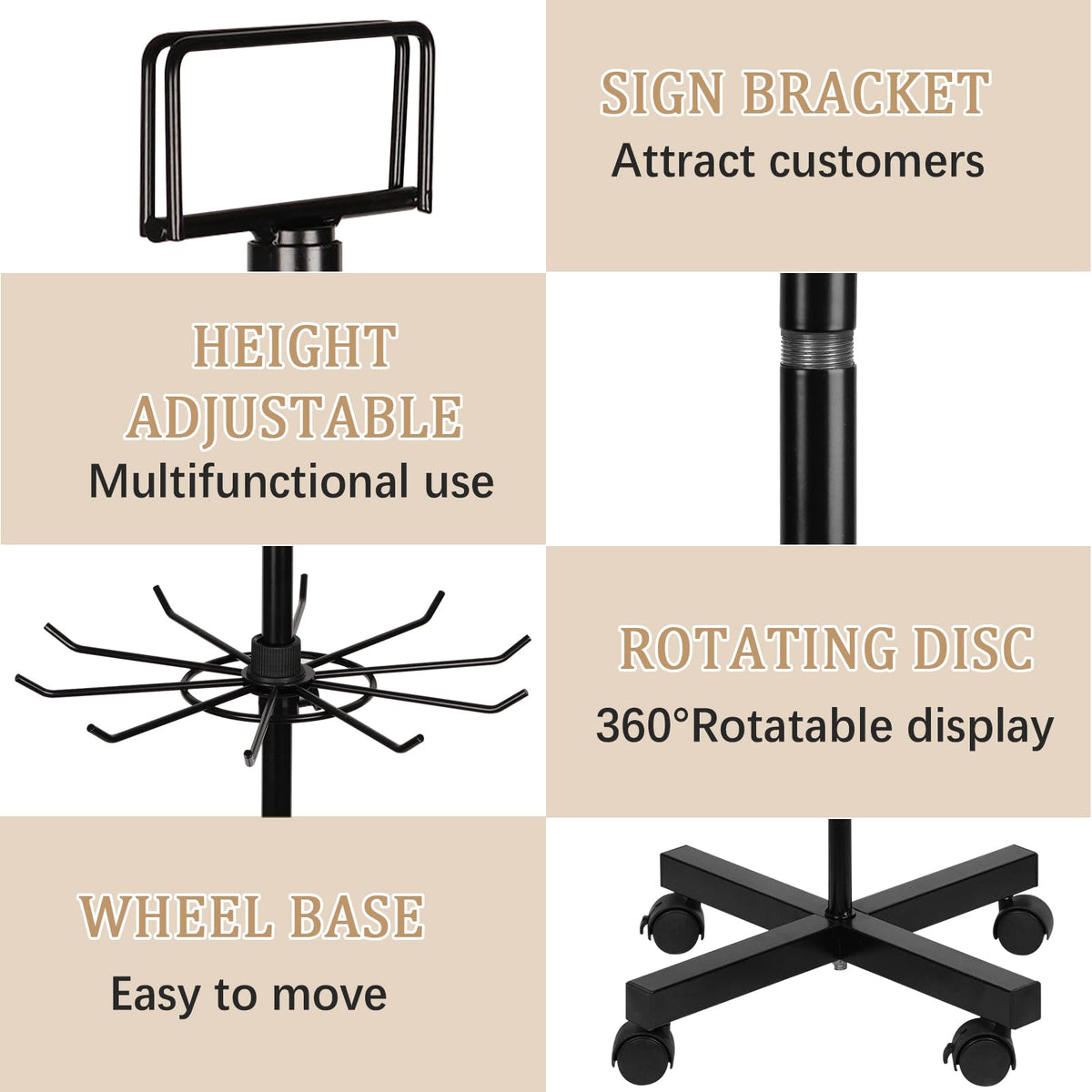 Exttlliy 5-Tier Metal Spinning Display Stand Rack with Wheels, Black Iron, 50 Hooks, Lockable Wheels, Ideal for Jewelry, Accessories, Foods