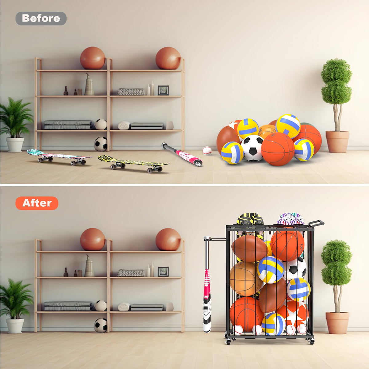 Multi-Functional Sports Storage Rack with Elastic Rope, Movable Racket Holders & Hooks - Heavy-Duty Organizer for Balls, Tennis/Badminton Rackets, Skateboard - Ideal for Garage, Home Gym & Playroom