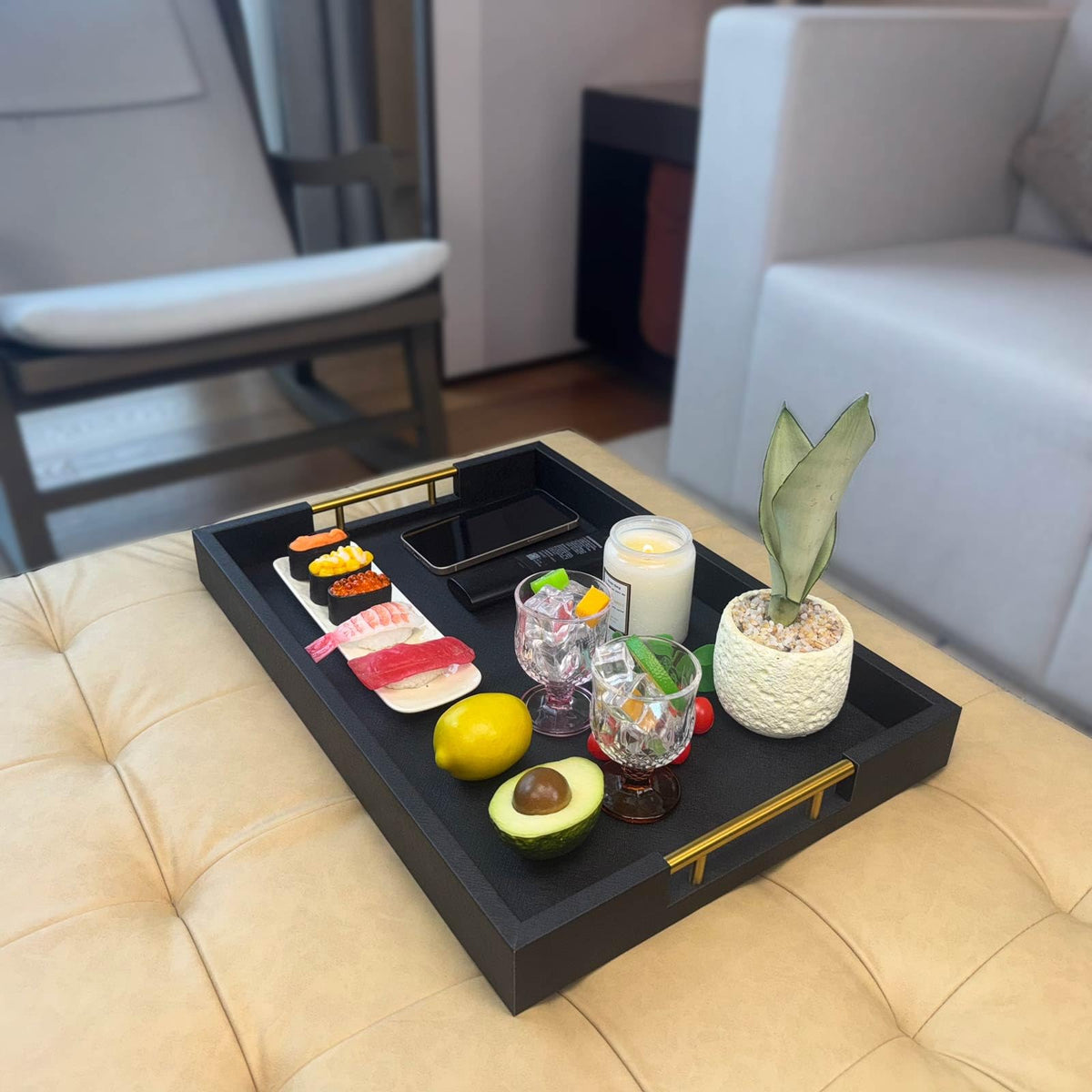 14x20 Inches Black Faux Leather Wrappen Wood Serving Tray with Metal Handles for Various Occasions, Ottoman, Home Decor Decorative, Living Room, Coffee Table Organizer, Serving Breakfast On Bed