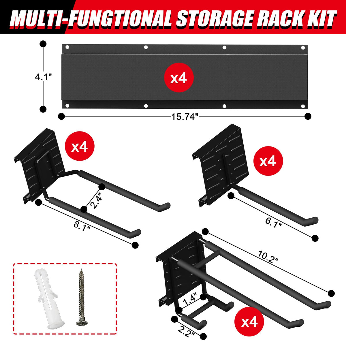 Howzone 64 Inches Garage Organization, Wall Mount Garden Tool Organizer, 880lbs Adjustable Heavy Duty Metal Hanging Hooks, Garden Tool Storage Rack for Garage, Yard, and Shed (4 Racks, 12 Hooks)
