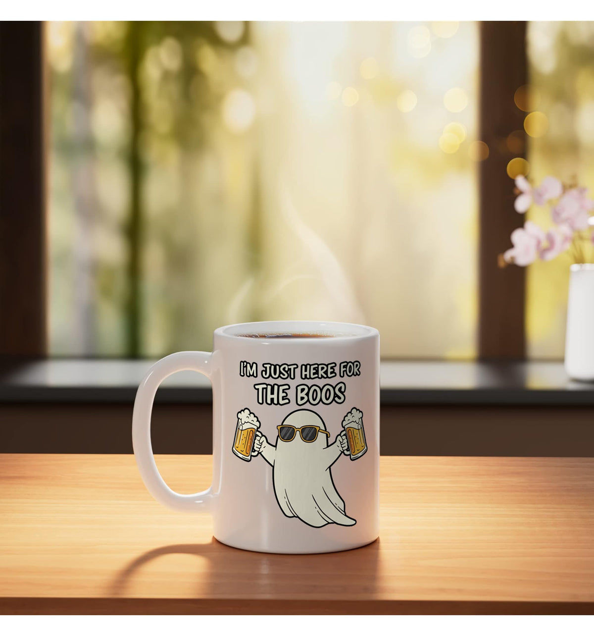 Halloween Funny I'm Just Here The Boos Ghost Beer Design Ceramic Mug, White