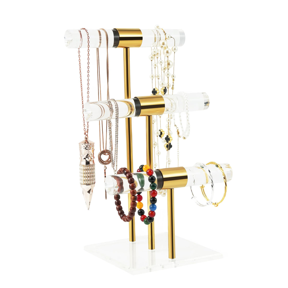 3 Tier Tangle-free Bracelet Display Stands, Acrylic T-Bar Jewelry Display Holder, Clear Gold Necklace Organizer with Stainless Rod, Women Men Vendors Retail Store Counter Jewelry Hanging Stand