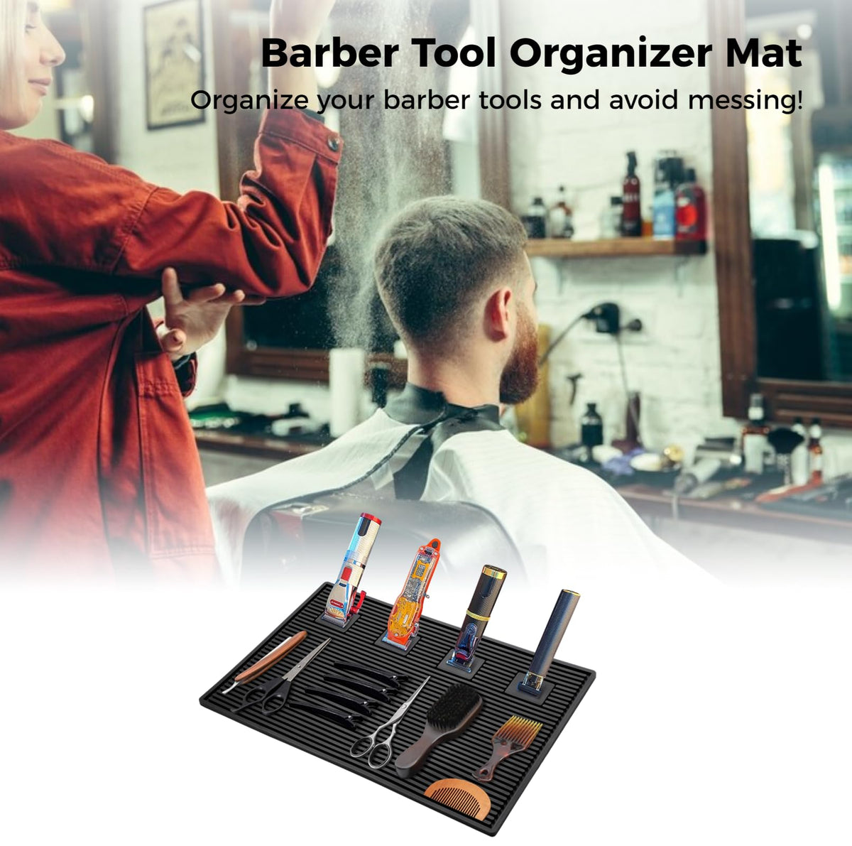 yeesport Barber Tool Organizer Mat, Flexible Silicone Barber Tool Pad, Magnetic Salon Barbershop Work Station Pad, Non-Slip Barbershop Counter Mat for Clippers Barber Tools (Black)