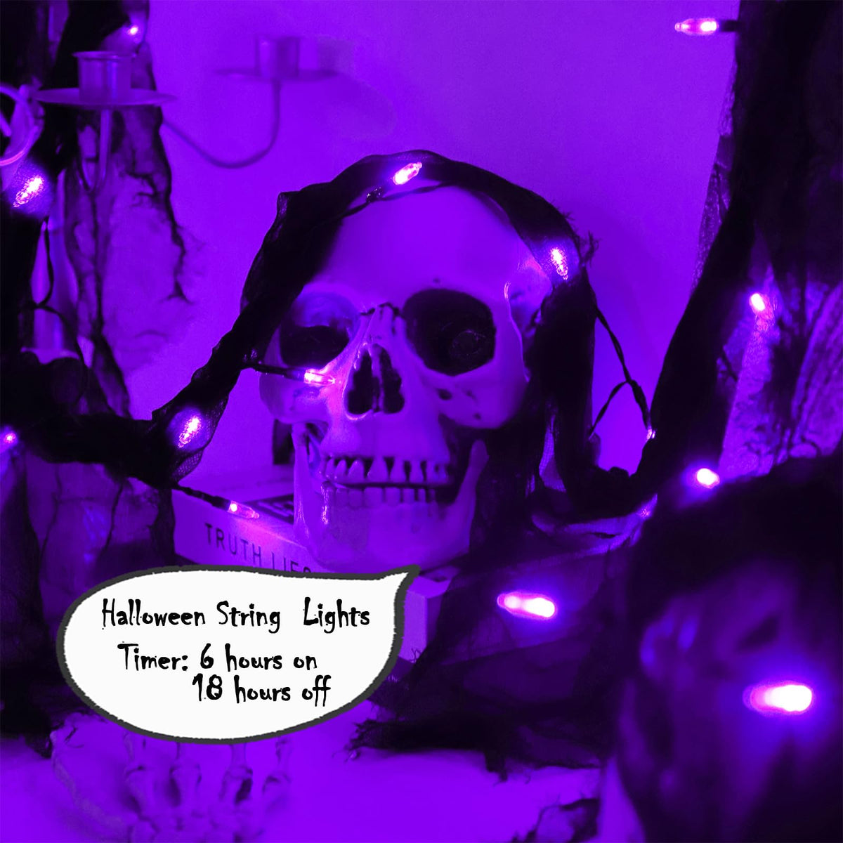 YAOZHOU Halloween Decorations String Lights Purple Indoor 30LED with Black Gauze Timer, 2 Mode Battery Operated 9.9Ft Creepy Cloth Spooky Lights, Gothic Party Room Decor(2Pack)