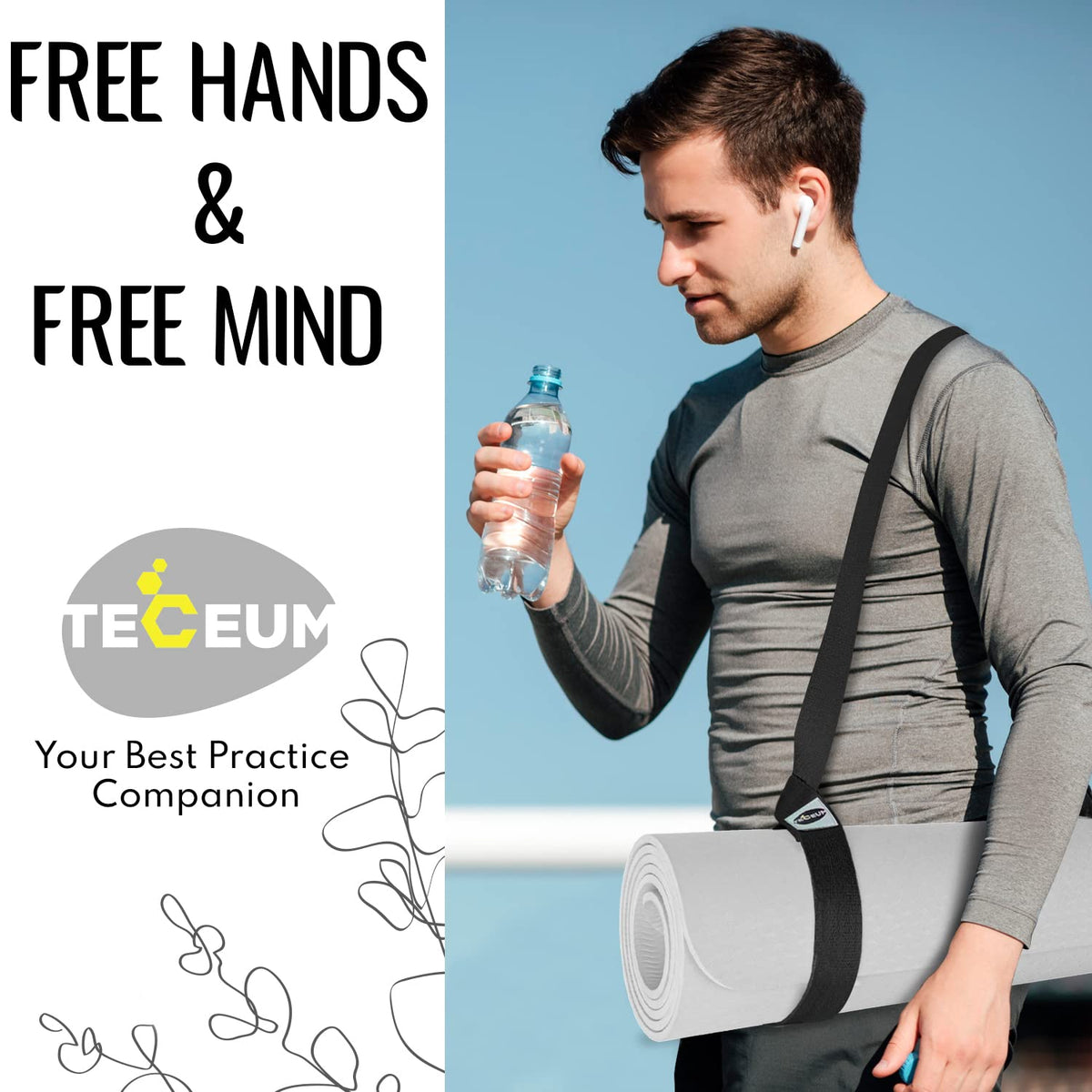 TECEUM Yoga Mat Strap – Black & 30+ Colors – Adjustable Mat Holder Sling Career for All Mats [Mat Not Included]