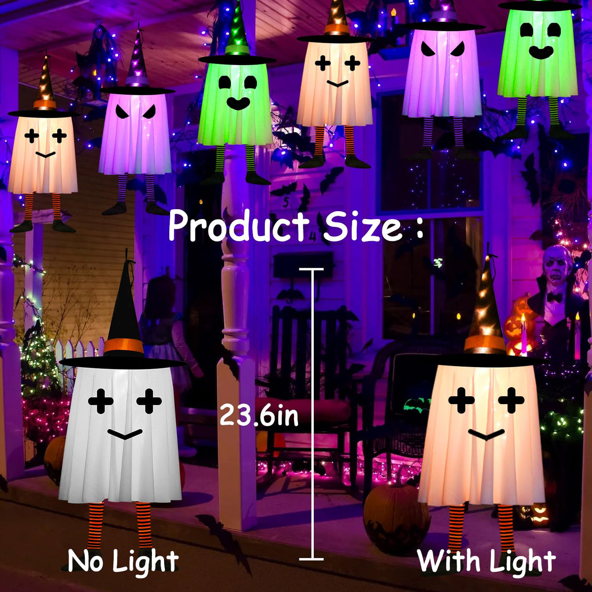 3 Pack Halloween Hanging Ghosts Halloween Decorations Outdoor, Lighted Glowing Ghosts Witch Hat with Orange Purple Green Lights, Light up Ghost for Home Yard Patio Tree