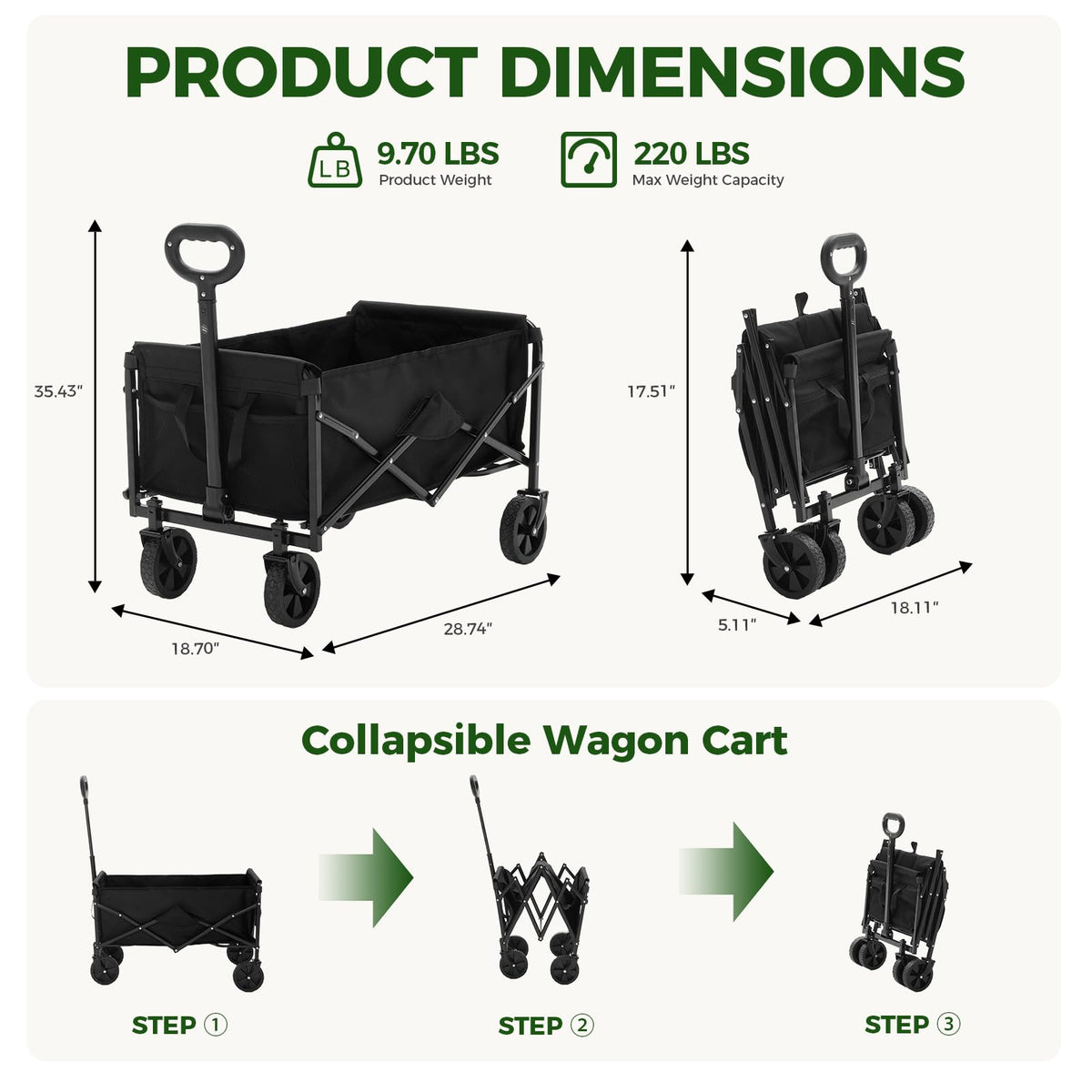 DUMOS Collapsible Wagon Cart, Heavy Duty Foldable Utility Wagon with Wheels – 220 lbs Capacity, Flexible Handle for Beach, Garden, Sports, Grocery & Camping, Black