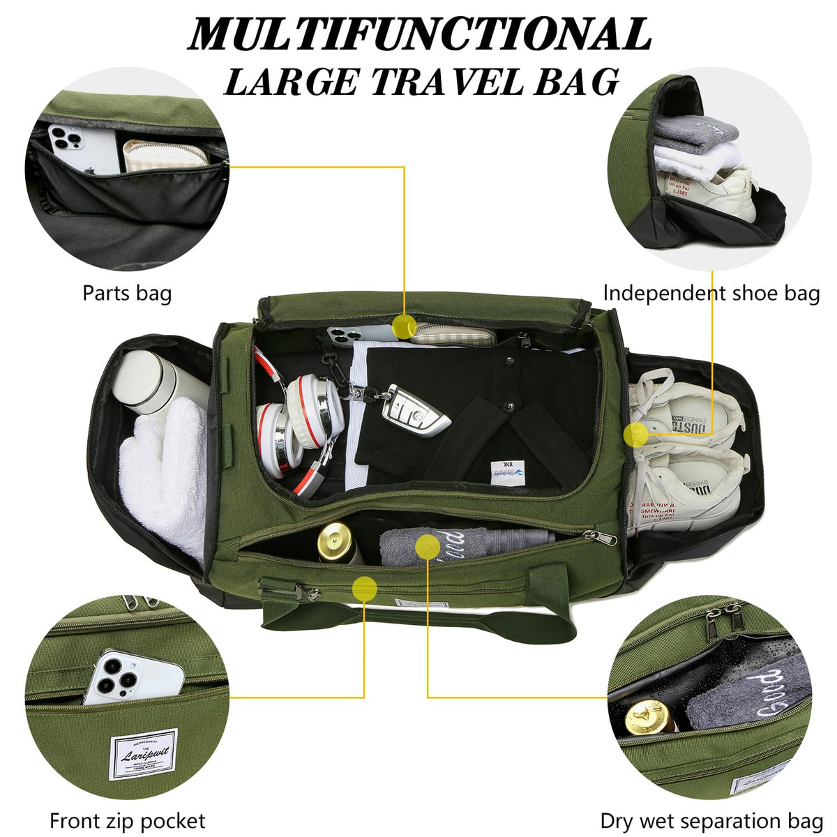 Laripwit Gym Bags for Men, 40L Medium Sports Travel Duffel Bag with Shoe Compartment & Wet Pocket Lightweight Gym Duffle Bag Backpack Multipurpose Weekender Overnight Backpack for Women, Green
